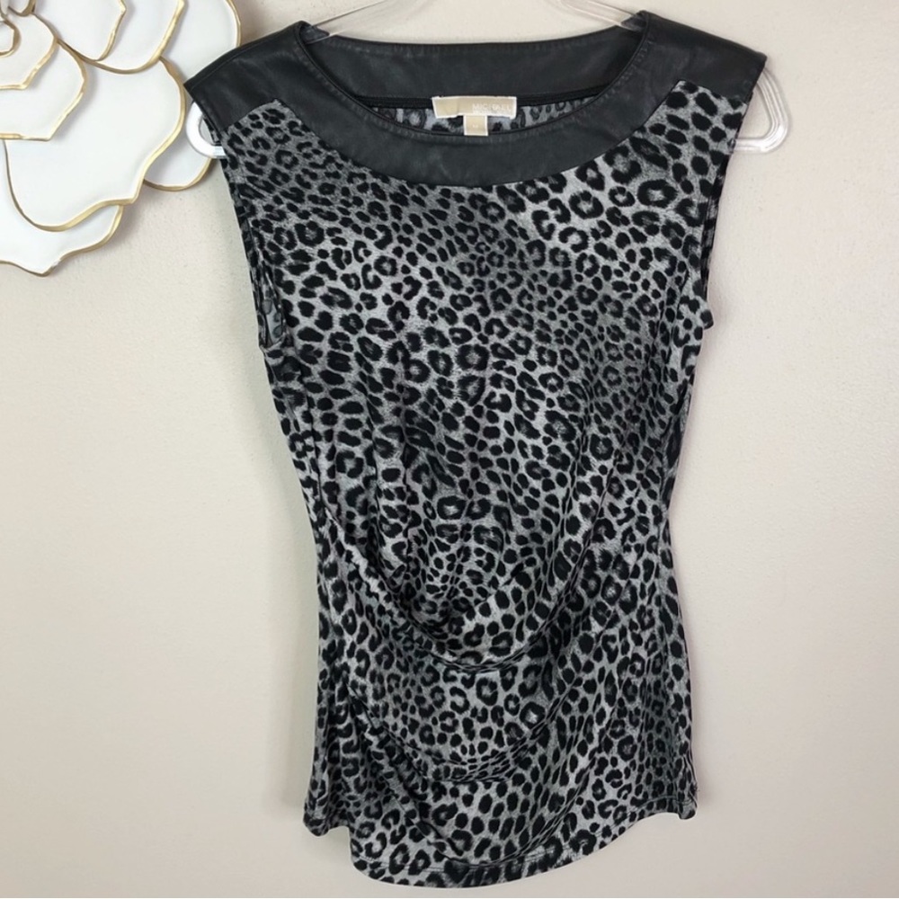 Michael Kors Leather Trim Animal Print Top